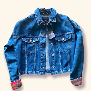 Cropped, Plaid-Cuffed Denim Jacket